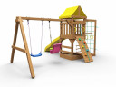 Детская площадка KD1-1 с желтой горкой и крышей, 1 качели лодочка + 1 качели кубельковые